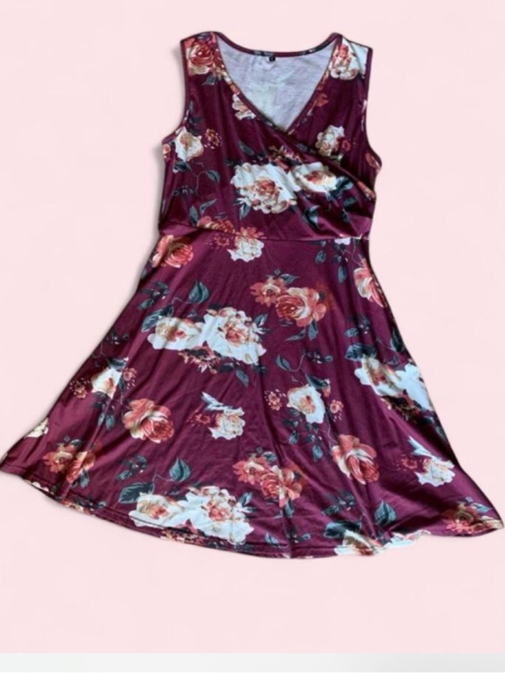 Floral Faux-Wrap Midi Dress in Burgundy
